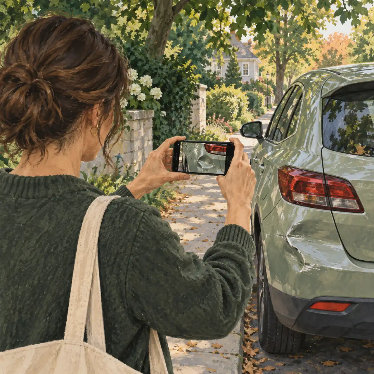 Illustration of a person safely photographing damage to a parked car.